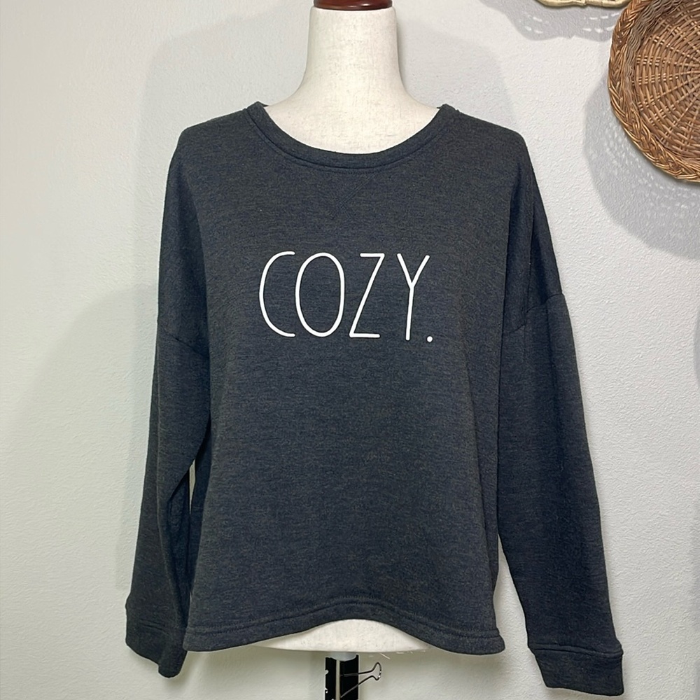 Women’s Rae Dunn COZY. Crewneck Sweatshirt Sleepwear Lounge Dark Gray Size Large